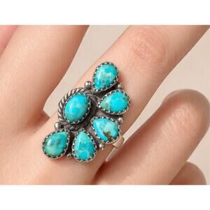 Turquoise Cluster Ring Sterling Silver 925 Zuni Style Statement Adjustable Long